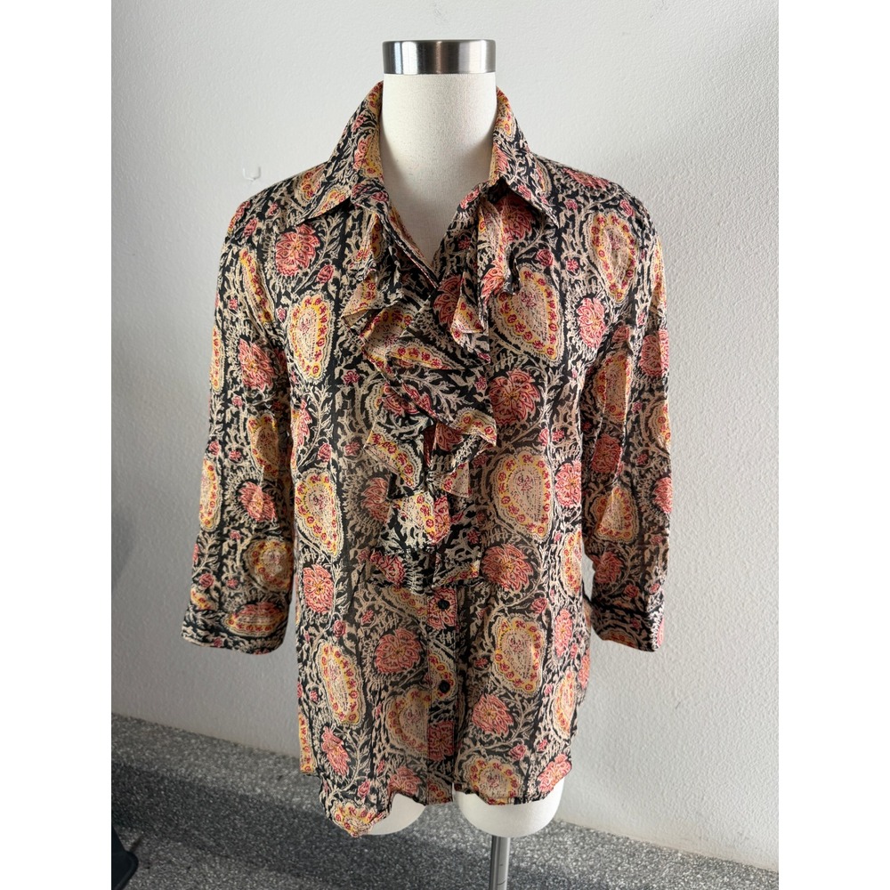 Lauren Ralph Lauren Womens Large Ruffle Paisley Floral Button Down Shirt Blouse